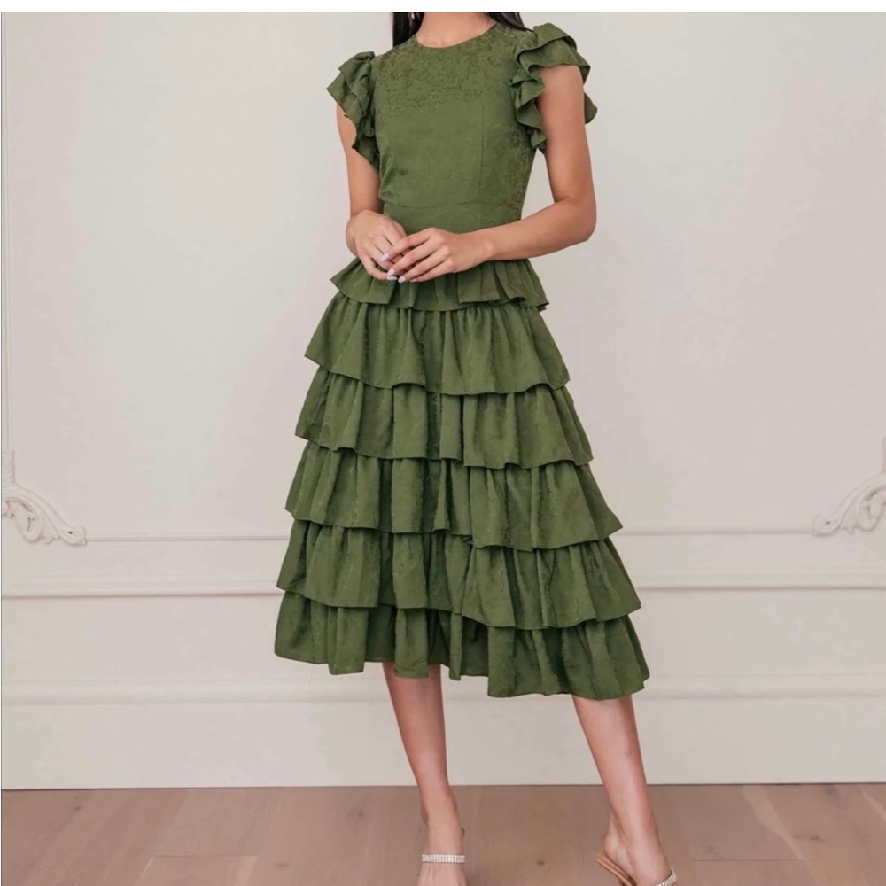 JessaKae Charming Olive Green Midi long ruffle dress XS New Jessa Kae